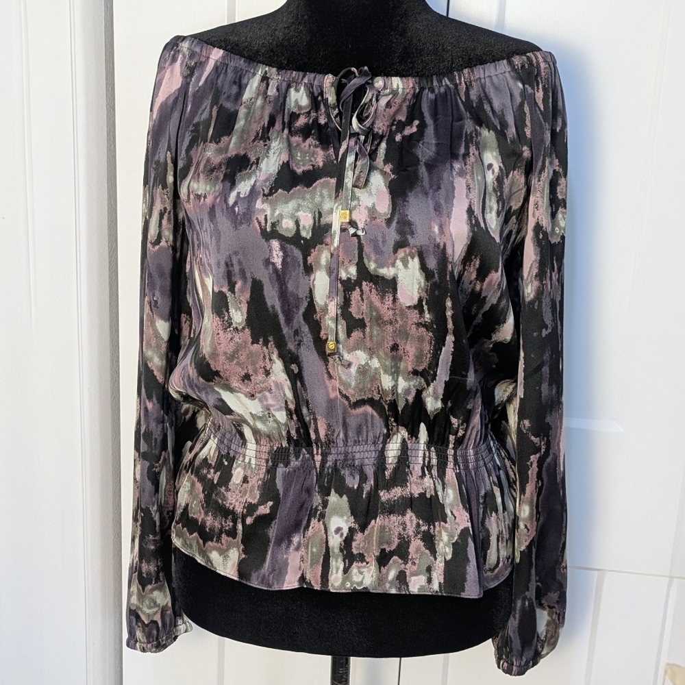 MICHAEL KORS Chic Women's Off The Shoulder Peplum Top Abstract Watercolor Sz S